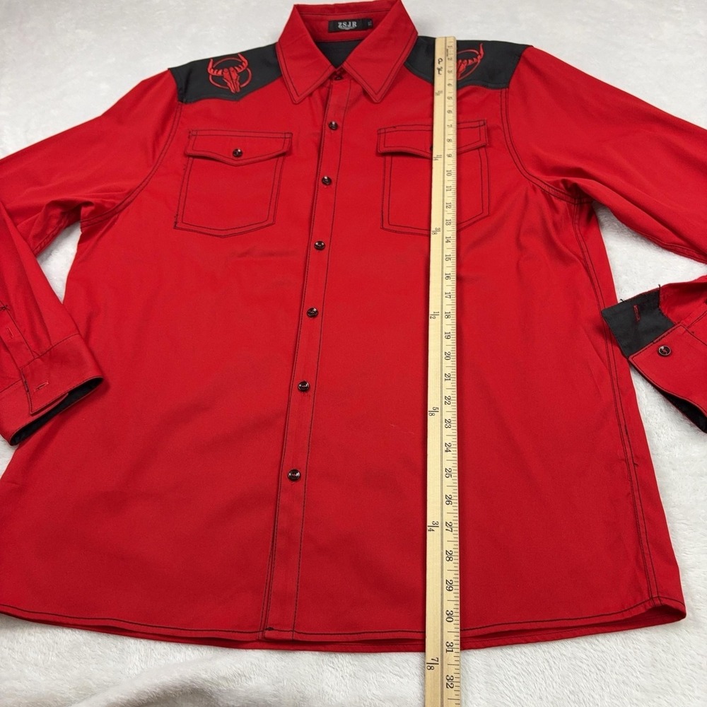 ZSJR Shirt Mens XL Red Black Western Long Sleeve Button Front Cow Skull Yoke - Picture 6 of 10